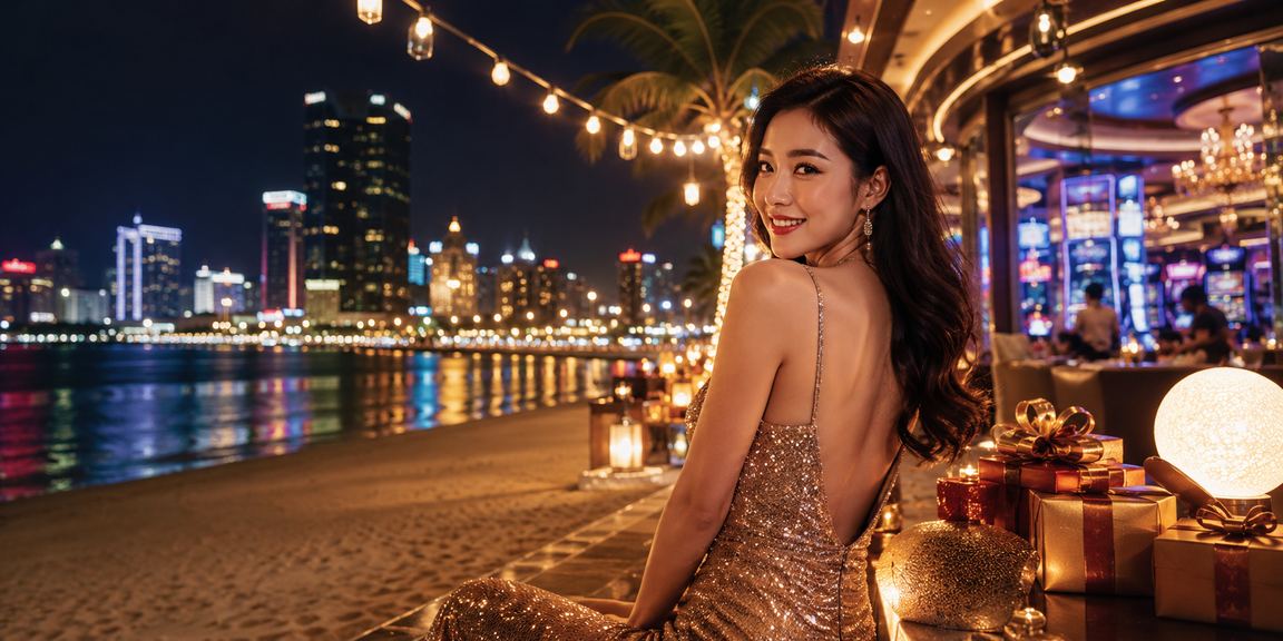 Bãi biển Đà Nẵng vào buổi tối với ánh đèn lung linh, người dùng thư giãn và tra cứu xổ số trực tuyến