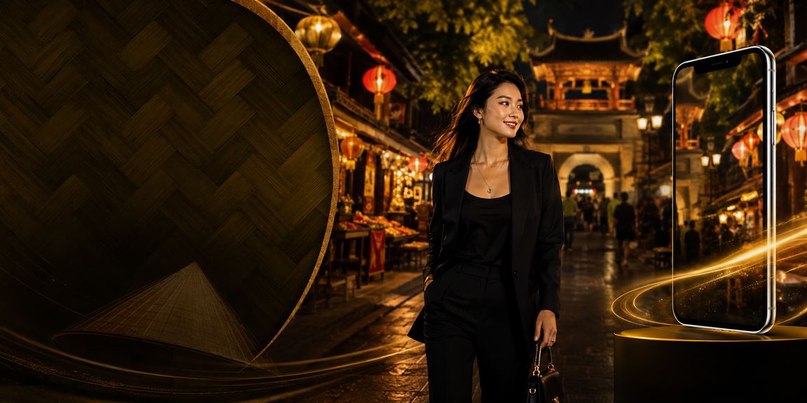 Người phụ nữ Hà Nội đội nón lá kiểm tra số dư tài khoản và thông tin nạp tiền trên nền tảng xsst